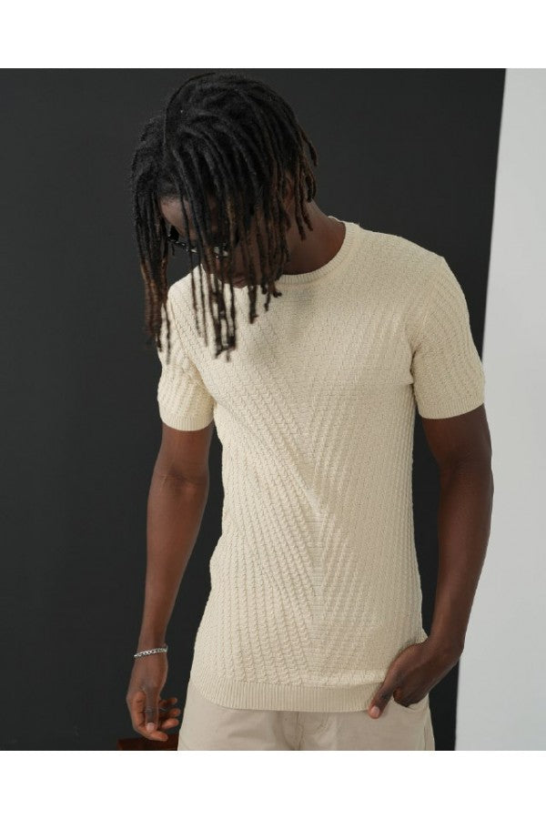 HELVYN “Siena” – Ecru Textured Knit T-Shirt